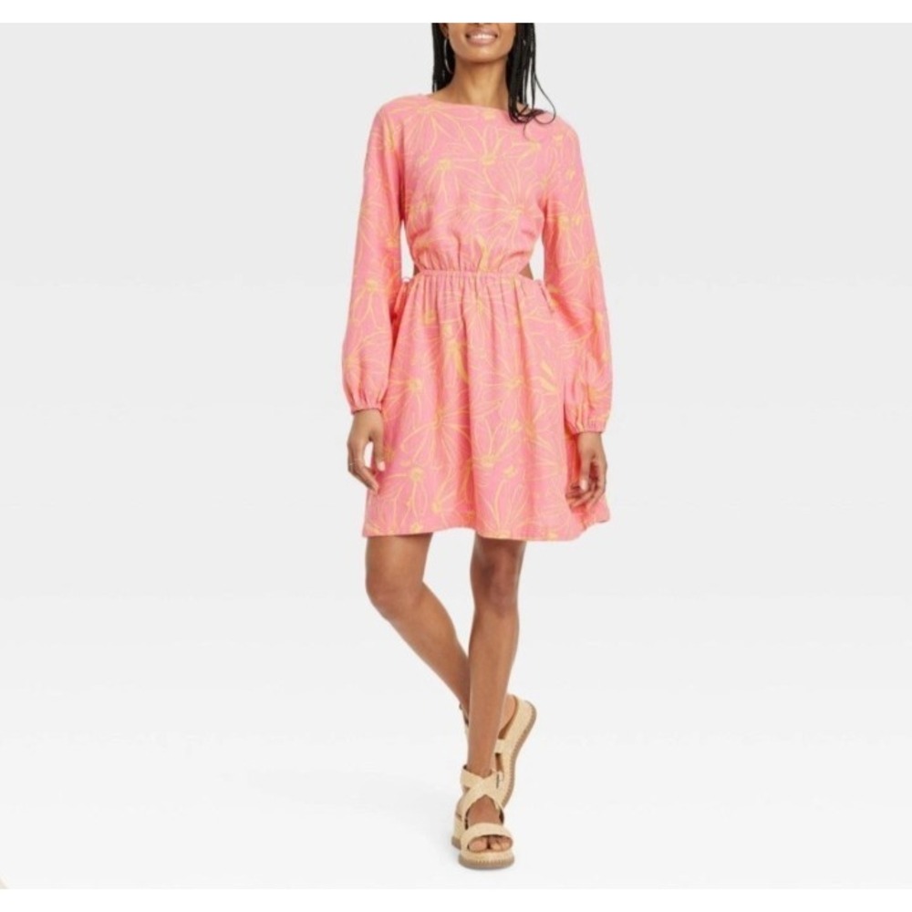 Universal Thread Women's Linen Floral Elastic Waisr Long Sleeve Mini Dress M